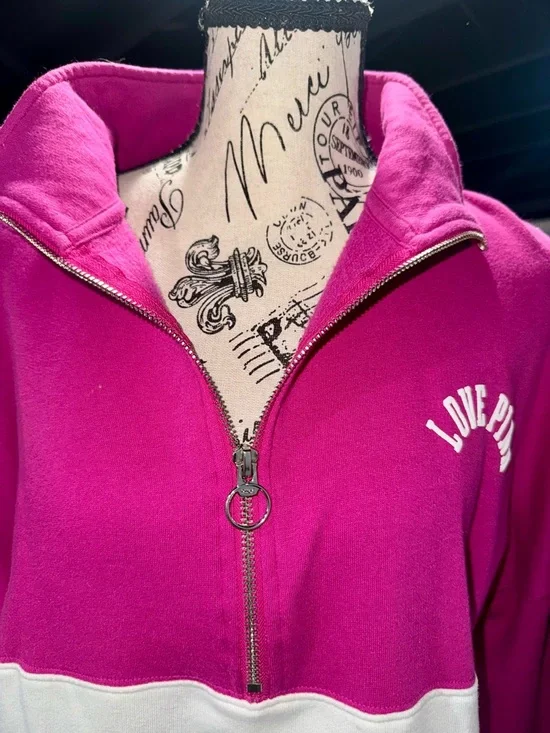 PINK Victoria's Secret Two-Tone Half-Zip Pullover - Fuchsia & White - Picture 7 of 10